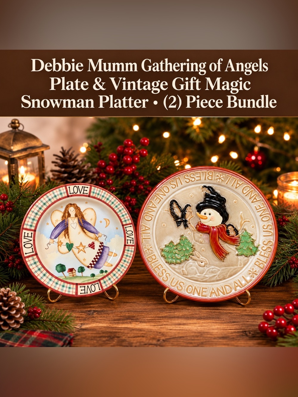 🔍Debbie Mumm “Gathering of Angels” Plate + Vintage Gift Magic Snowman Platter